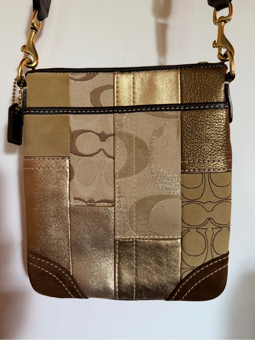 COACH patchwork crossbody swingpak gold metallic suede leather Y2K Vintage
